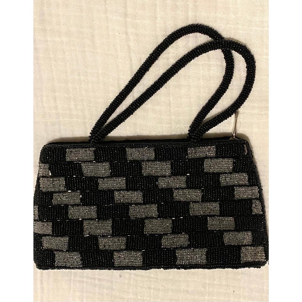 Black & Silver Brick Pattern Beaded Purse Zip Top, Double Handles, Satin Lining